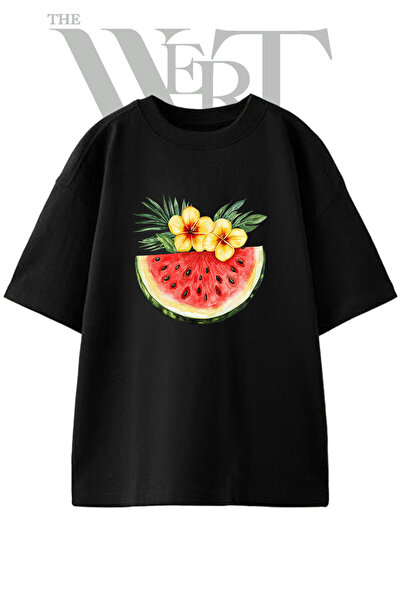 THEWERT Watermelon Flower Design Printed Unisex Black Oversize T-Shirt