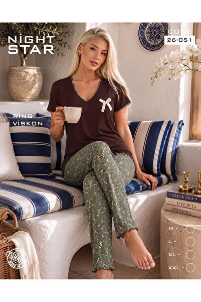 Night Star Elza Ribbon Detailed Ring Viscose Pajama Set