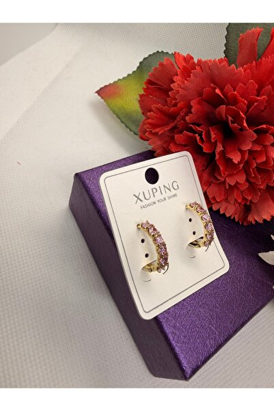 XUPING JEWELRY PEMBE RENKLİ ZİRKON TAŞLI 14K RENGİ ÇELİK KÜPE