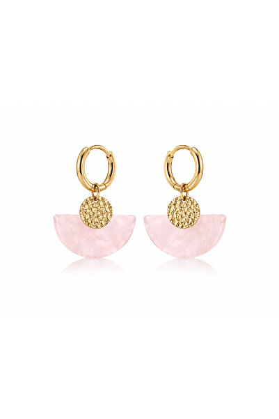 Alnis Atelier Pembe Kuvars Doğal Taş Kadın Küpe – Yelpaze Model Gold Renk Sal...