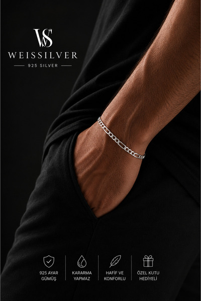 WeisSilver 925 Ayar Gümüş 3mm Figaro Model Erkek Bileklik Künye –Gümüş Erkek Bileklik 17+5 cm