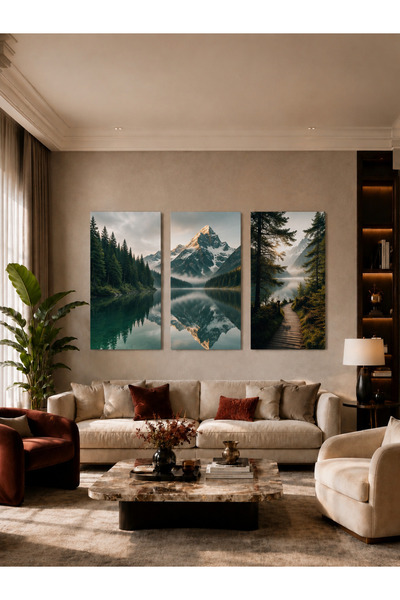 Zerawall MDF Tablo Dağ Gölü ve Orman Manzaralı 3’lü Set – Salon Duvar Dekoras...