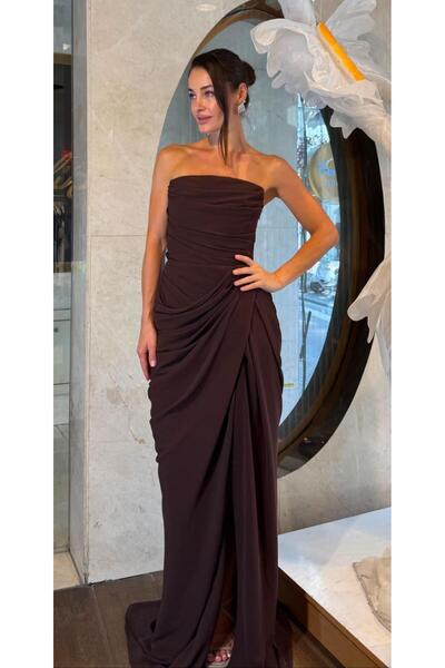 SpringStore Kahve Straplez Yırtmaç Detaylı Şifon Abiye