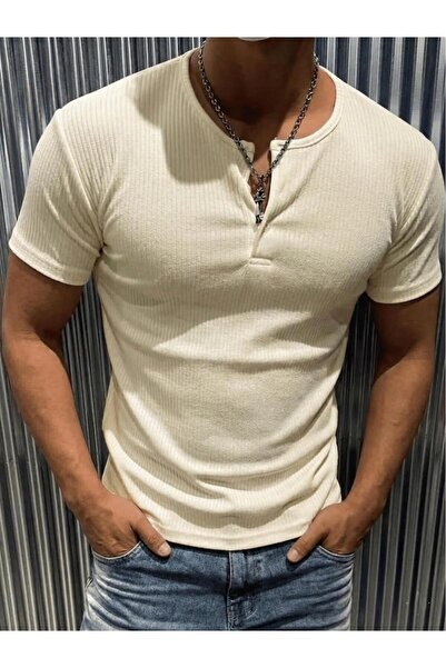Oksit San Loe Erkek Slim Fit Likralı Henley Yaka Kısa Kollu Tişört - Düğmeli Esnek Kumaş
