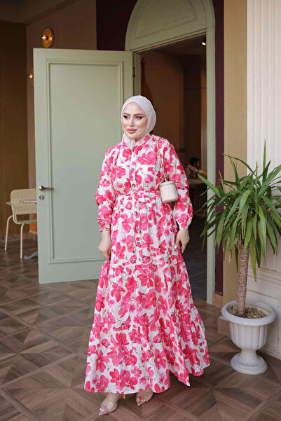 İmajButik Fuşya Yarım Düğmeli Kol Lastikli Eteği Katlı Elbise
