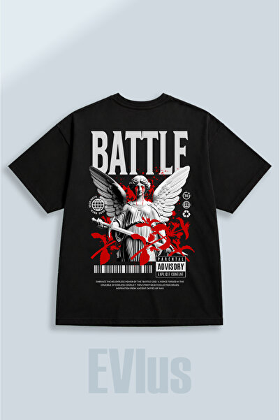 EVIus Oversize Battle Printed 100% βαμβακερό μπλουζάκι με λαιμόκοψη και φαρδι...