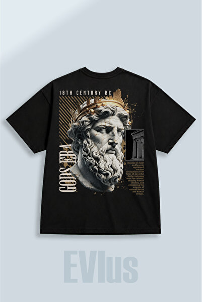 EVIus Tricou negru oversize cu imprimeu Gods Era, 100% bumbac, cu decolteu ro...