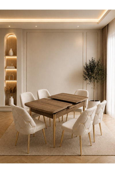 Concept Ayz Home Serena Gold 6 Kişilik Antik Çam 80x130 MDF Krem Kumaş Yemek ...