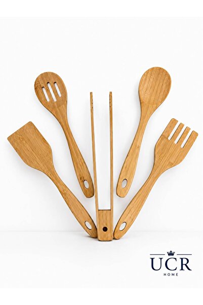 UCR HOME Doğal Bambu 5 Parça Mutfak Gereçleri Seti Servis Kaşığı ve Çatalı Spatula Maşa Bambu Seti