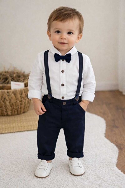 Eflin Çocuk Giyim Erkek Bebek Salopet Askılı Papyonlu Keten Pantolonlu Takım