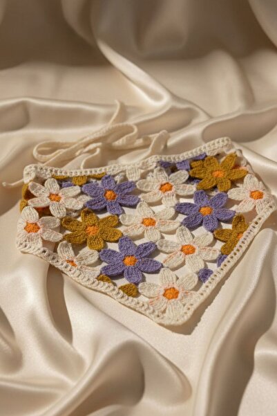 BHR AKSESUAR Colorful Floral Motif Tie-Up Bandana, Knitted Summer Hair Bandan...