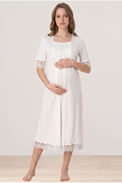 LOHOUSE Women's Ecru Lace New Season Buttoned Maternity Nightgown with Breast...