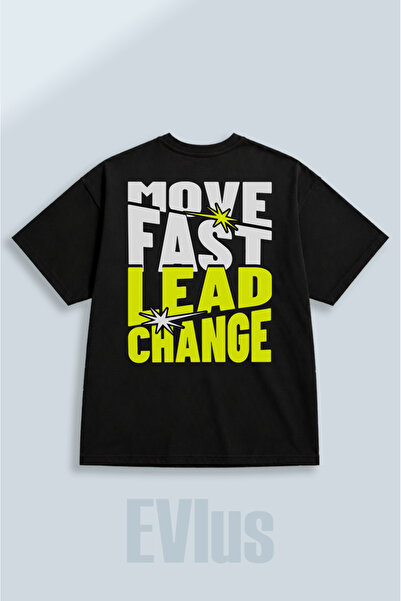 EVIus Tricou negru oversize, cu imprimeu Move Fast Lead Change, 100% bumbac, ...