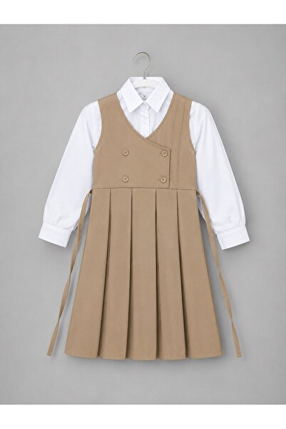 Jood Girls' School Uniform Plaid Pinafore with Buttons and Side Belt