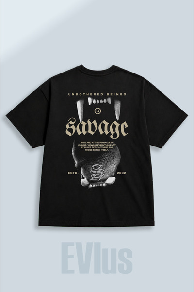 EVIus Tricou negru supradimensionat, cu imprimeu Savage, 100% bumbac, cu deco...