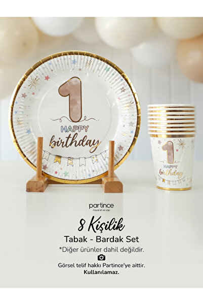 partince 8 Kişilik Gold Yaldız 1 Yaş Tabak Happy Birthday Karton Kullan At Ta...