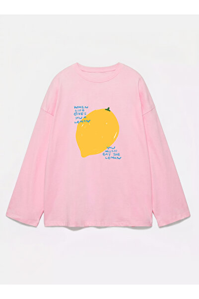 Disante 100% Cotton Oversize Fit Eat the Lemon Printed - Crew Neck Long Sleev...