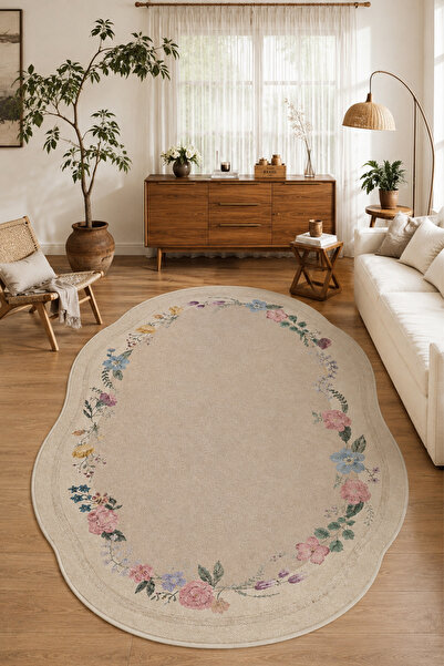 PINKIE HOME Dijital Kaymaz Taban Yıkanabilir Çiçekli Vizon Modern Asimetrik S...