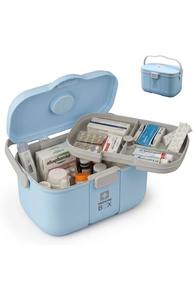 Relaxdays Medicine box made of plastic, light blue/grey, 17x18x28 cm