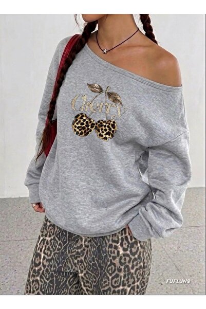 FUFLUNS Leopard Cherry Printed Oversized Women's Boat Neck Sweatshirt