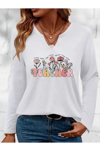 mercoledi Teacher Printed Cotton Half V-Neck Long Sleeve Blouse