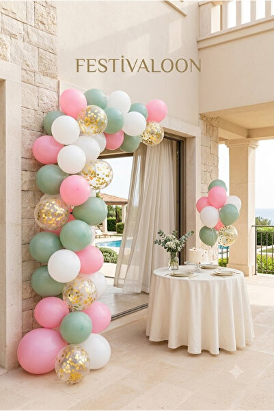 FESTİVALOON 20’li Pembe Beyaz Okaliptus Gold Konfetili Şeffaf Balon Seti 11 İ...