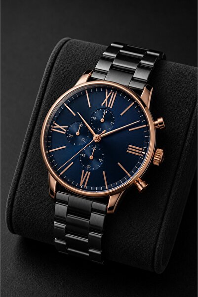 Leerybee Men's Wristwatch Black Metal Strap Navy Blue Dial Roman Numeral Chro...
