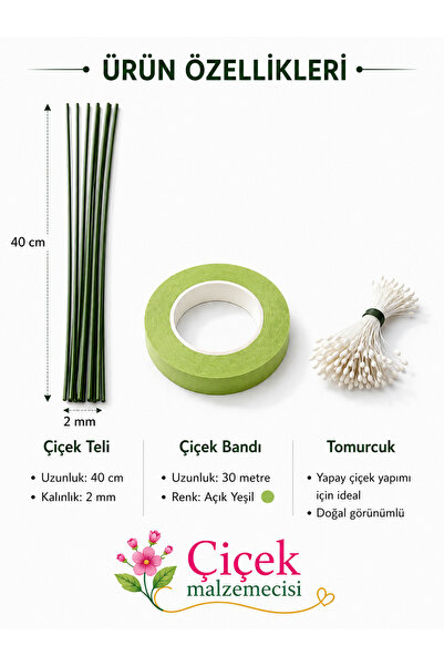 KLC Çiçek Malzemecisii Çiçek Yapım Seti | 10 Adet 40 CM Çiçek Teli (2 MM) + 3...
