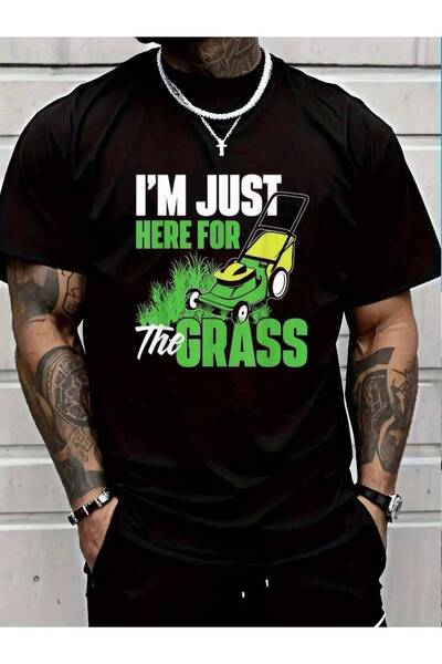 01THEONE تي شيرت رجالي أسود 100% قطن بطبعة "I'm Just Here For The Grass - Gar...