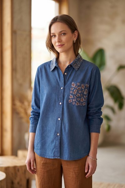 YXL COLLECTION Women's Plus Size Shirt Lapel Collar Pocket Leopard Stone Long Sleeve Mom Denim Shirt