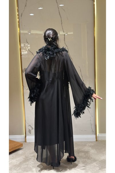 DAWN LİNE 2 Piece Laced Satin Detailed Nightgown and Dressing Gown Set |   Deep Slit, Ruffled, Feathered, Lace Detailed Dowry Set with Rope Detail on the Back Bride