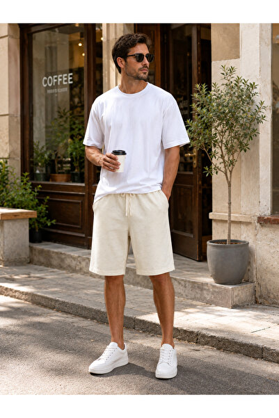 WE&ME Men's Linen Shorts Wide Fit Elastic Waist Lace-Up Summer Casual Comfort...