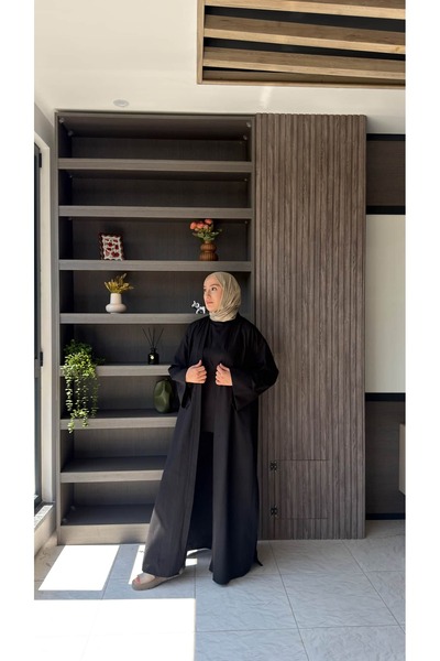 Keten Sıfır Kol İçlikli Pantolonlu Yırtmaçlı Abaya Takım - İnce Keten Yazlık Tesettür Takım E-9831