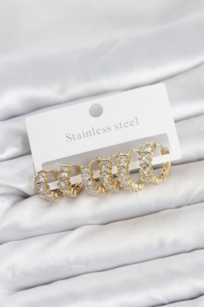 Skygo 316L Steel Gold Color Baguette Zircon Stone Hoop Earring Set - Tj-Bkp11528