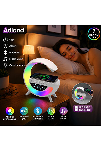 ADLAND Akıllı Gece Lambası Speaker Bluetooth Hoparlör Kablosuz Şarj Rgb Masa ...