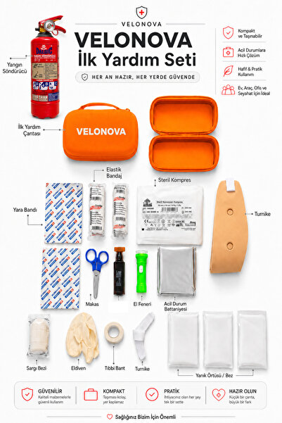 Velonova 1-KG Yangın Tüpü Ve 17 Parça İlk Yardım Seti – Araç, Ev, Ofis ve Sey...