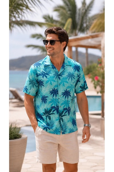 viyamen Erkek Palmiye Desenli Kısa Kollu Hawaii Gömlek