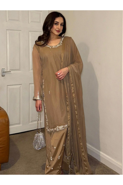 MYSMAR Brown Faux Georgette Top Pent & Dupatta - HRT7152 - Brown-Size:L-40-In...