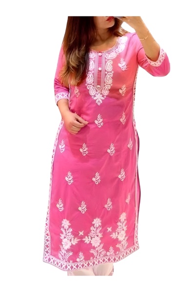MYSMAR Pink Cotton Salwar Kameez & Dupatta Set - PMM19249 | Pink-Size:L-40-In...