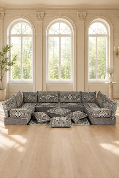 FEYZA DECOR HOME Klasik Gri Çini Desenli 20 cm Yüksek Şark Köşesi Takımı