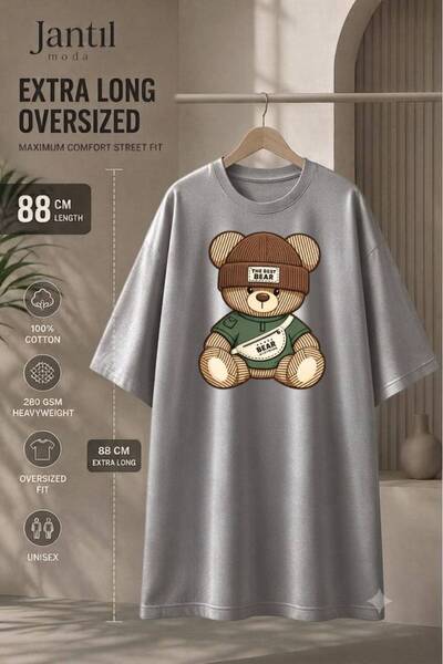JANTIL MODA Crew Neck Bear Print Extra Long Oversize Tunic T-Shirt with Beret...