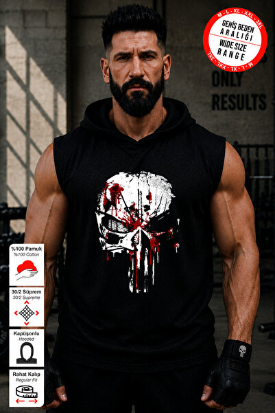 BESSA Men's Punisher Printed Black Oversize Crew Neck Cotton Hooded Sleeveles...