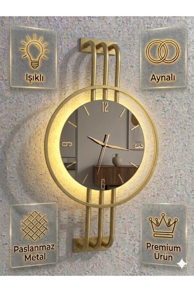 Ronson LED Işıklı Aynalı Metal Duvar Saati Gold | Premium Dekoratif Sessiz Ak...