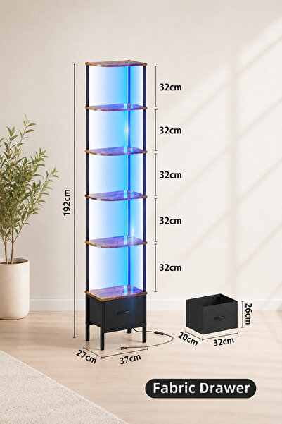 Yanara six-tier corner shelving unit with LED lights and fabric drawers, vint...
