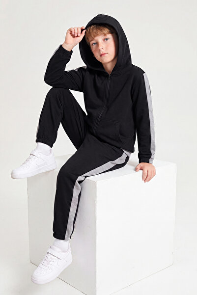 FYK KİDS Boy's Stripe Detailed Zippered Hooded Double Pocket Tracksuit Set