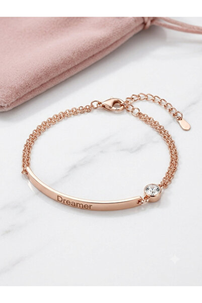 Dreamer Yazılı Rose Gold Çift Zincirli Kadın Bileklik