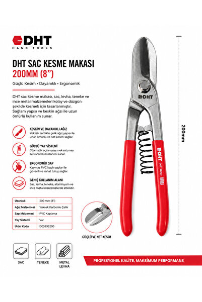 DHT 200 mm (8") Profesyonel Sac Kesme Makası Yaylı Metal Teneke Kesici