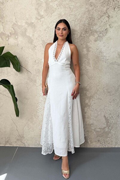 Elbee Fashion Woman Λευκό φόρεμα με δαντέλα και λεπτομέρειες