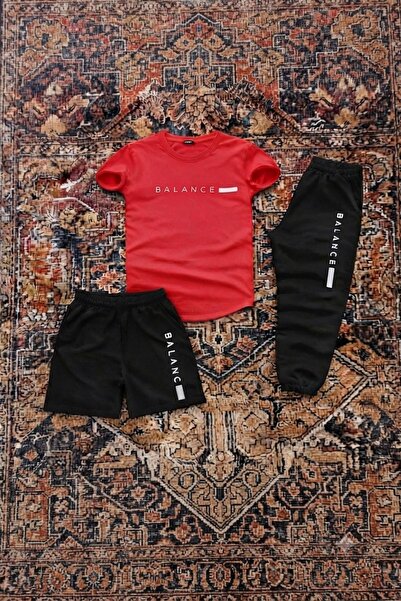 NO 601 Men's Red Balance Printed Oval Slimfit Tshirt - Black Shorts - Black S...