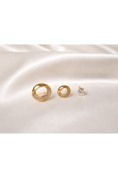 Yonida Jewelry Çelik Küpe 14K Altın Renginde Rodyum Kaplama Zirkon Taşlı Asim...